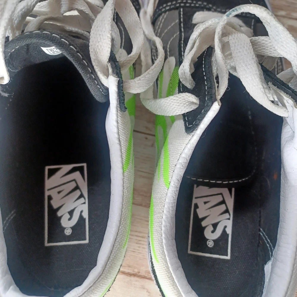 Vans Black White Canvas Neon Green Flames Suede Old Skool Skate Shoes Men's 6.5